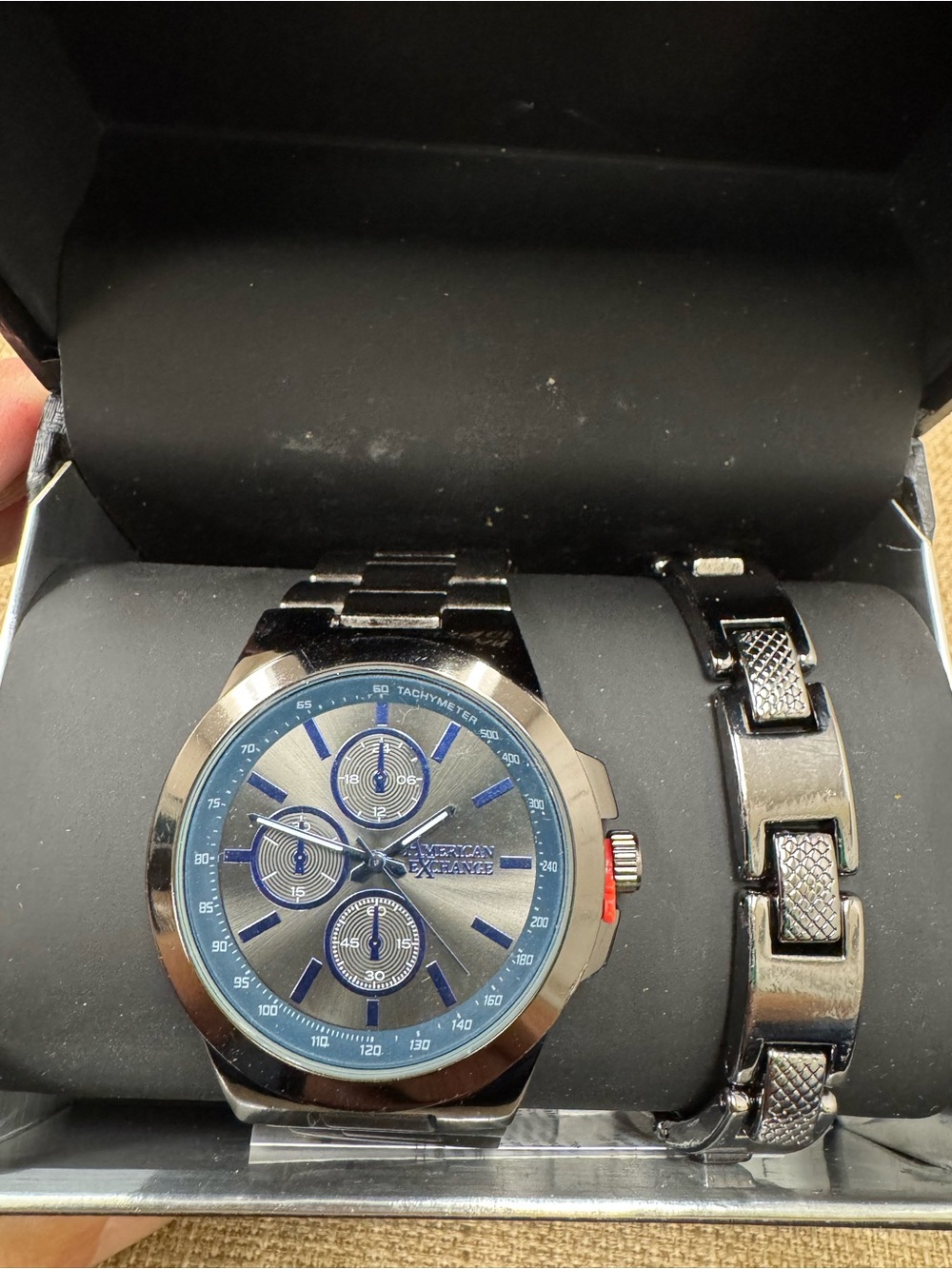 American Exchange Men's Quartz Chronograph Tachymeter Black Bracelet Watch Box